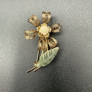Vintage Gold Filigree Floral Brooch Carved Rose Center Green Jade Leaf Pin